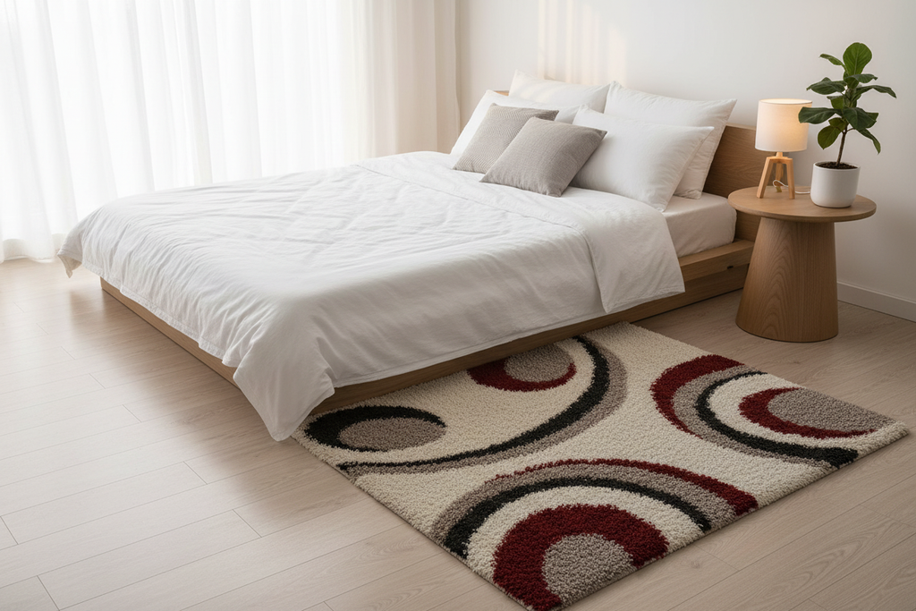 Cream Swirl Shaggy Rug in luxury bedroom setting