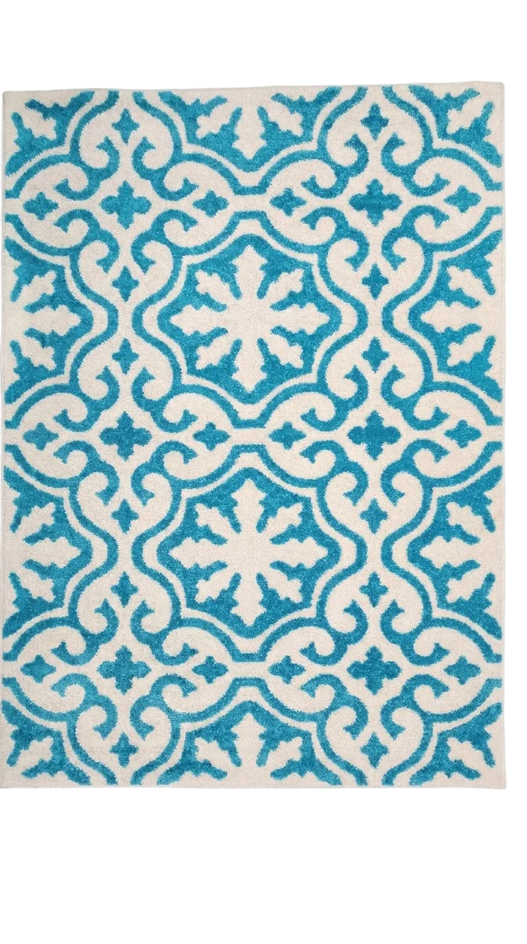 Cream & Teal Moroccan Scroll Shaggy Rug — 160x230cm