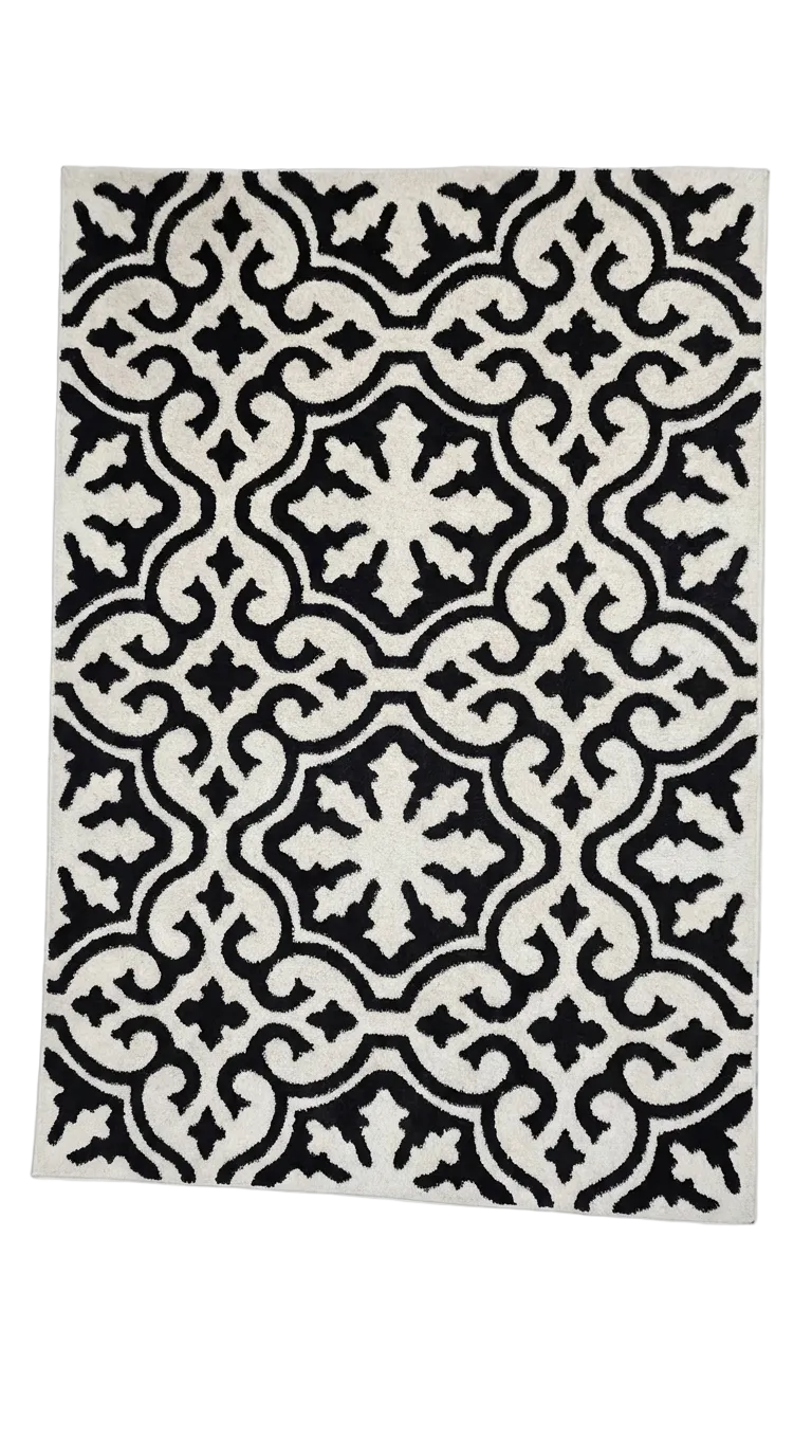 Black & White Moroccan Scroll Shaggy Rug — 160x230cm