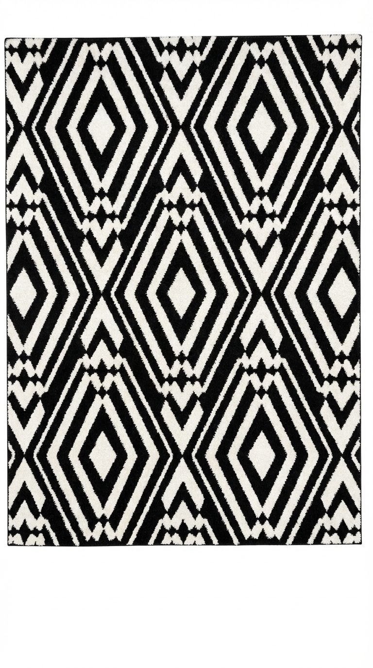 Black & White Diamond Geometric Shaggy Rug — 160x230cm