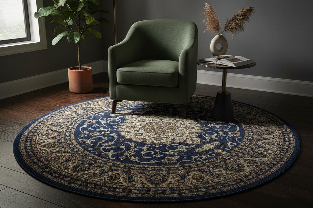 Navy Blue Round Persian Medallion Rug in elegant interior