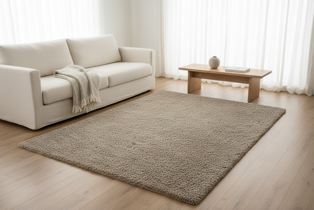 Solid Beige Sand Shaggy Rug in Scandinavian living room