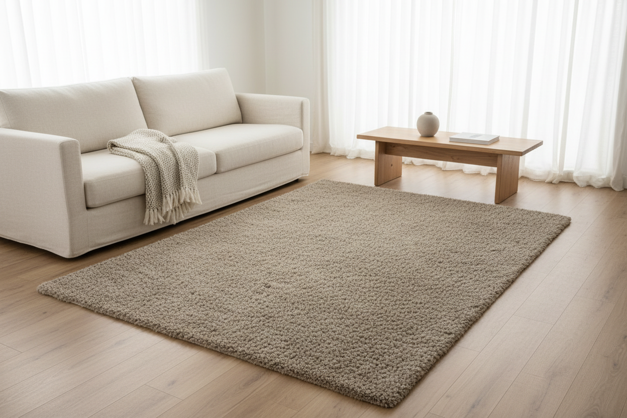 Solid Beige Sand Shaggy Rug in Scandinavian living room