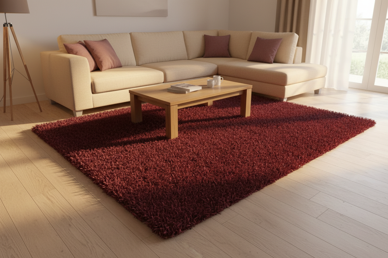 Solid Crimson Red Shaggy Rug in cosy living room